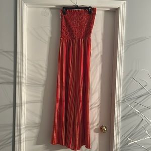 Red white black yellow striped strapless pantsuit